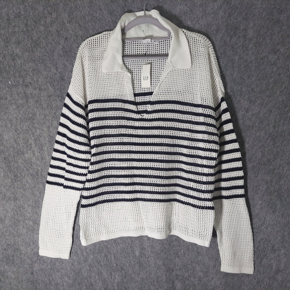 Gap Women Pullover‎ Xl White Striped Crochet Knit Collar Long Sleeve Nautical